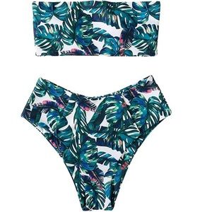 New bikini bottom’s tropical print high thighs M green and white